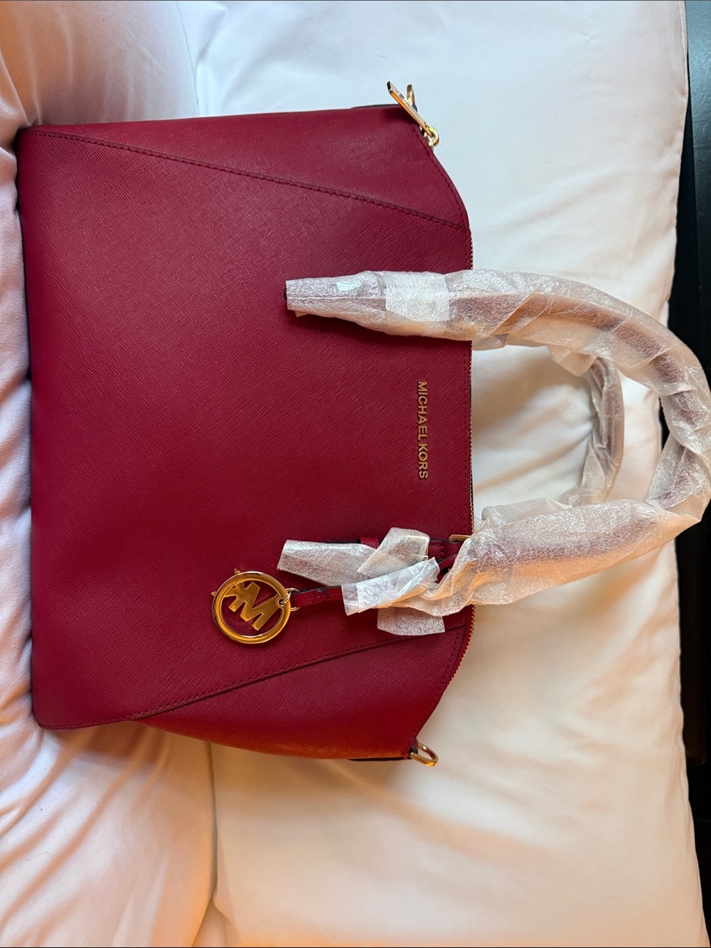 Michael Kors Red Saffiano Leather Tote with Gold Hardware